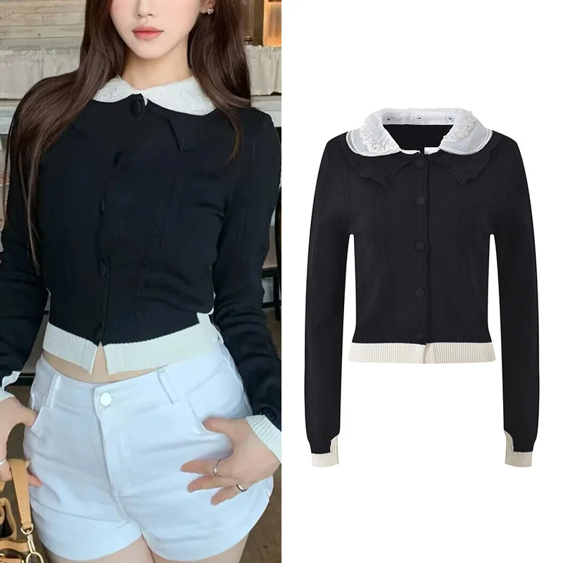 

ort Knitted Cardigan Top with Ruffle Collar Splicing Design Bla White Color Blo Doll Collar Sle Commute Faion Women...