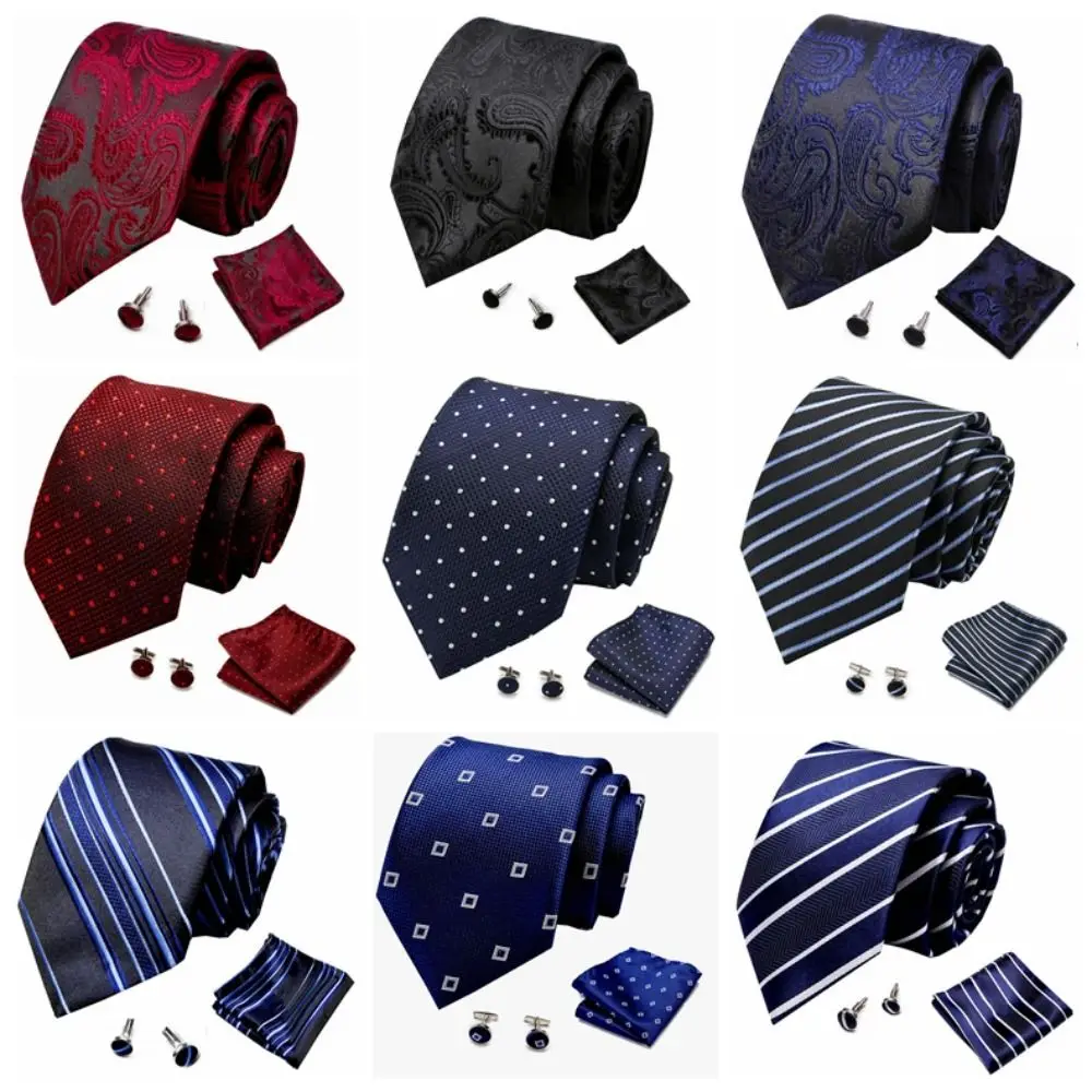 Retro Style Dots Necktie Kerchief Cufflinks Set Grid Striped Shirt Necktie Adjustable Decorative Pattern Business Tie Set Boys