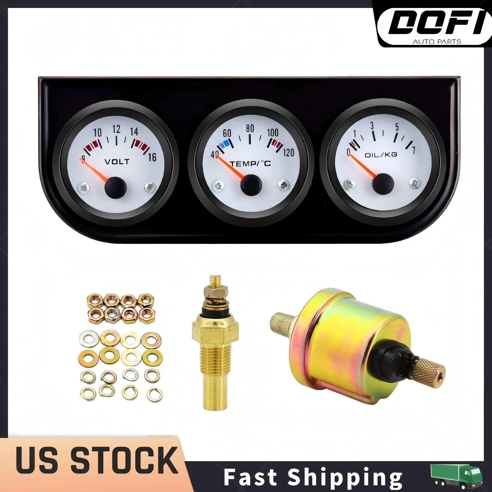 Dofi 52mm Car Triple Gauge Voltmeter Water Temp Gauge Oil Pressure Gauge(Bar) 3 in 1 Car Modification Gauge With Sensor