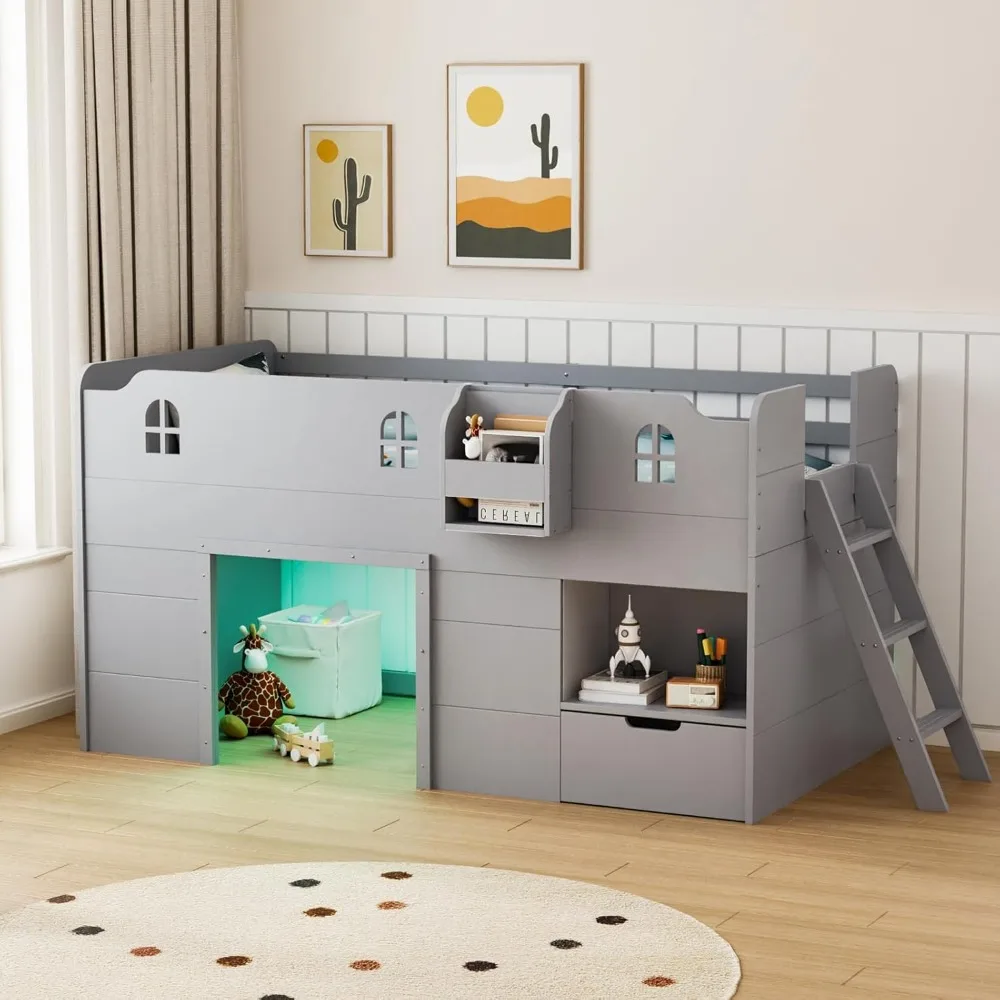 Loft Bed Twin Size with Led Light, Low Loft Bed with Storage Drawer, Modern Farmhouse Loft Bed with Castle Guardrail