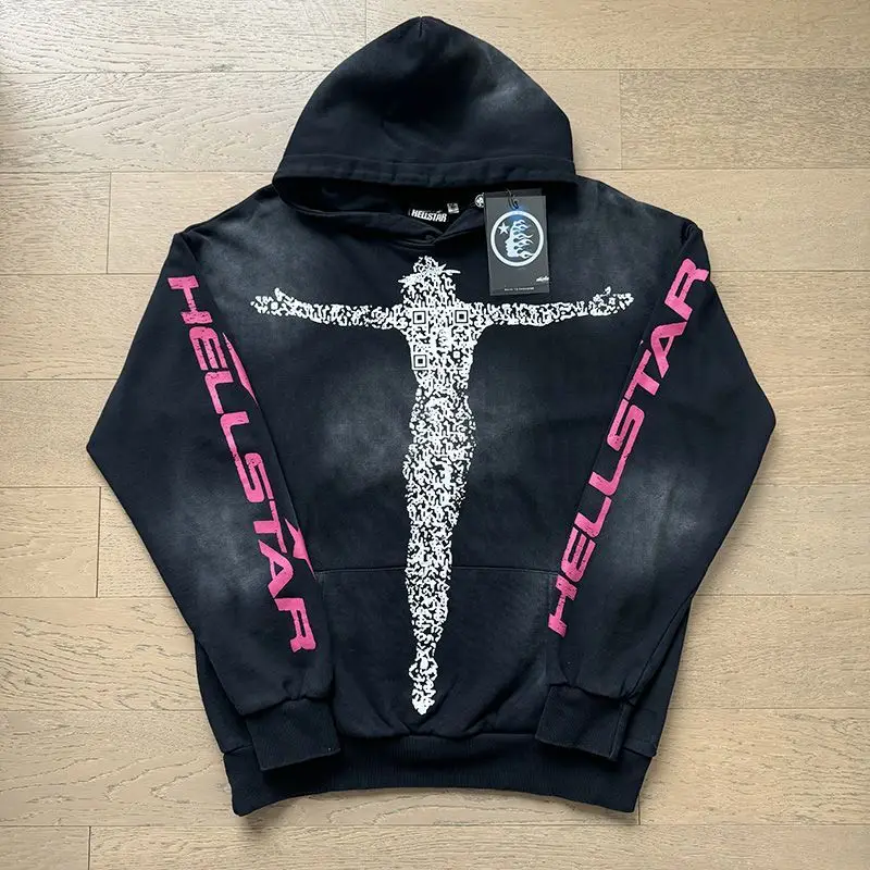 Hellstar Washed Print Vintage American New Hoodie Casual Set Trendy Pants Unisex Men Women Loose Streetwear Retro 2Pcs