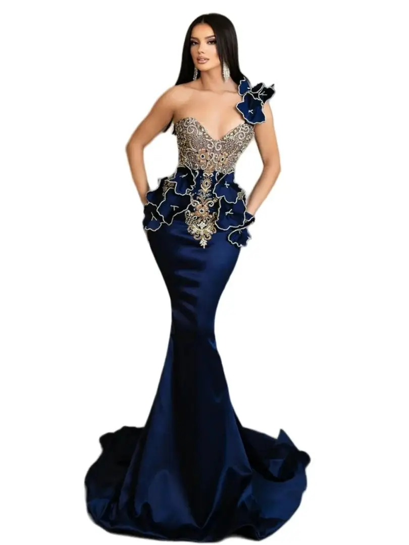 Navy Satin Mermaid Long Evening Dress One Shoulder Beads Embroidery Party Gown Women Prom Dresses Host Birthday Party Gowns