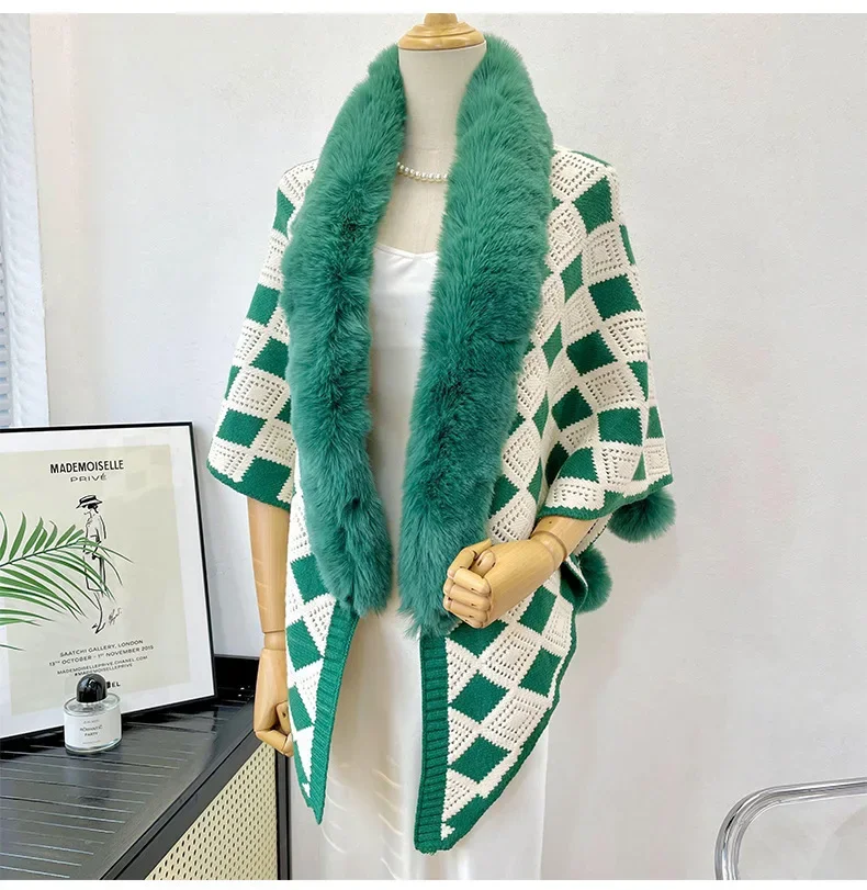 New autumn winter fur ball cape paired with high-end shawl for women,New Imitation Wool Collar Knitted Shawl Poncho Green