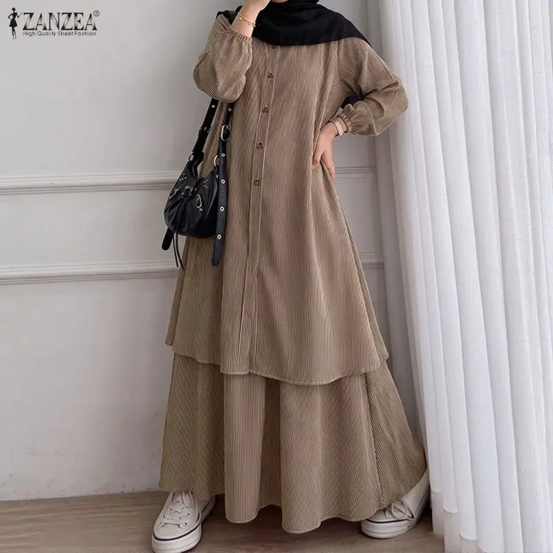 ZANZEA Women Dress Sets Muslim Two Piece Skirt Sets Striped Long Sleeve Tops Button Blouse Maxi Skirt 2PCS Muslim Sets Fashion