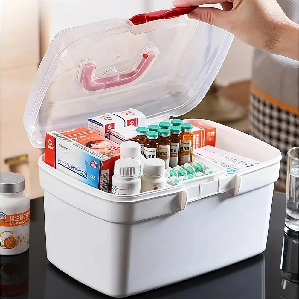 Portable 2-Tier Weekly Pill Organizer,Refillable Medicine Box with Handle for Travel Home Office First Aid Kit Storage,Organizer