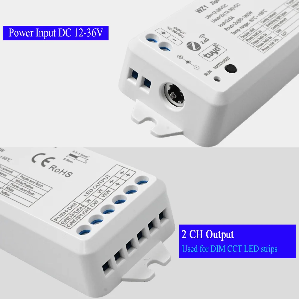 Tuya Zigbee 2CH LED Controller DC 12V 24V Smart Dimmer With Push Dimming 4 Zone RF 2.4G Remote Control For WW CW CCT LED Strip