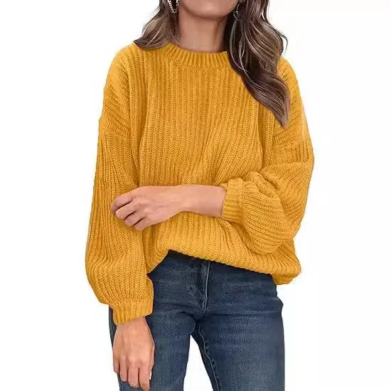 Women's Solid Color Round Neck Flared Sleeve Head Loose Sweater for Autumn/winter 2024