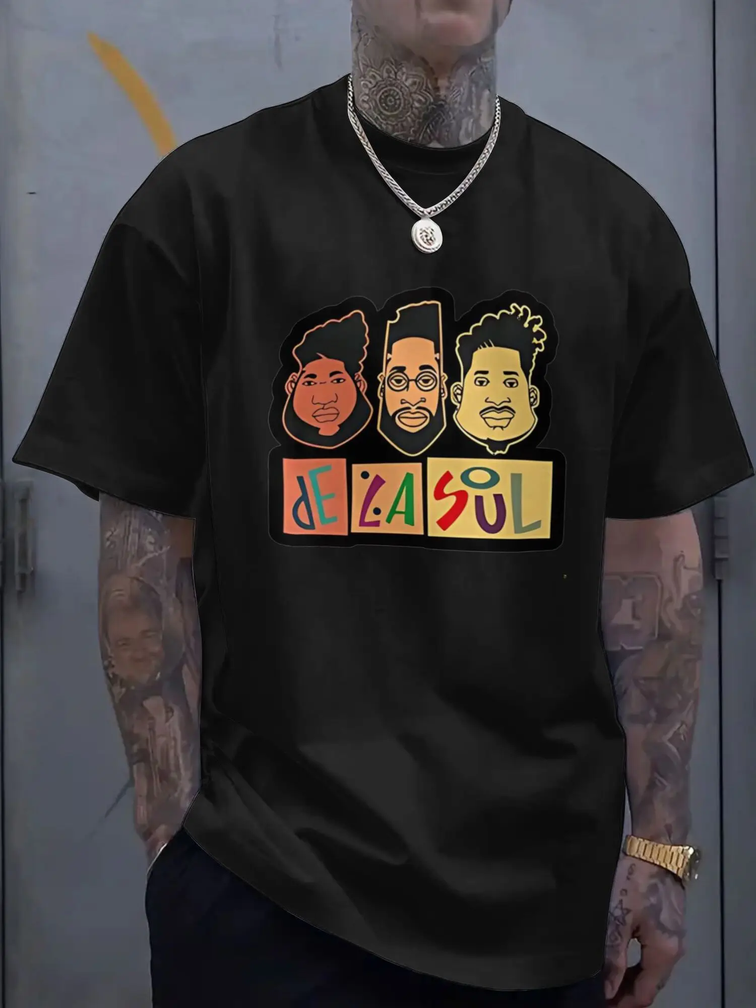 تي شيرت دي لا سول DXM3511 تي شيرت دي لا سول للرجال DXM3511 الهيب هوب مجموعة الموسيقى الكلاسيكية طباعة أسود قصير الأكمام Crewneck