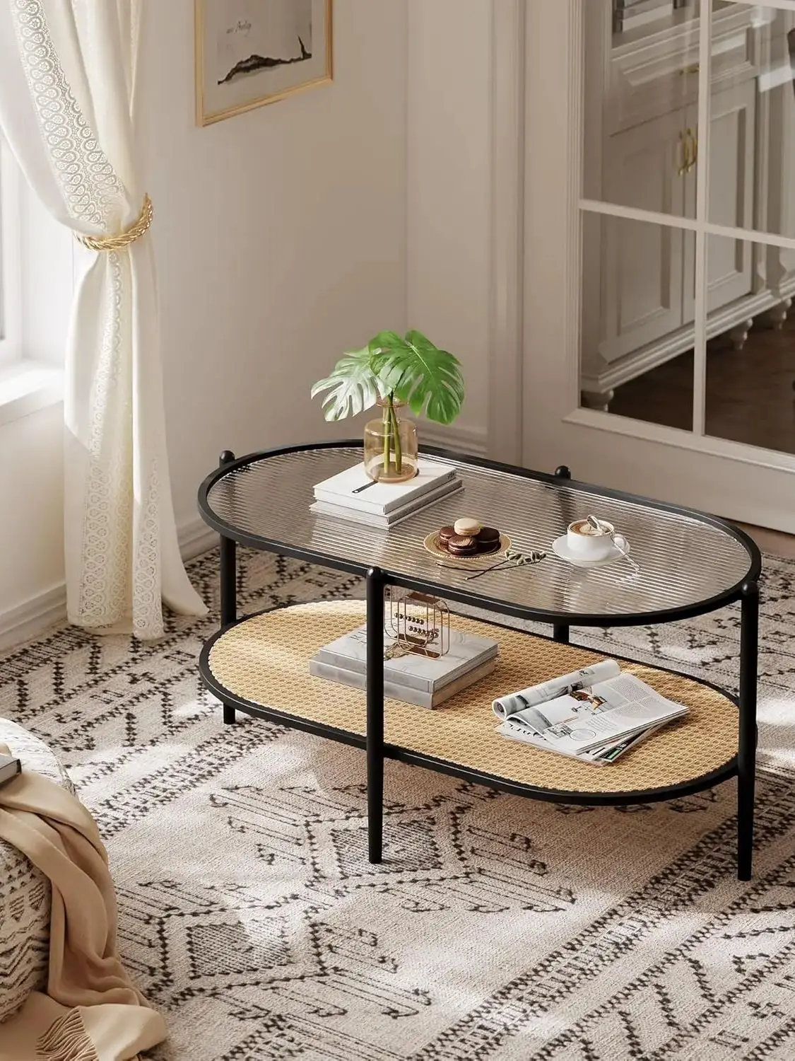 2 Tier Oval Rattan Coffee Table, Boho Center Table with Glass Top, Metal Frame & Storage Shelf, Farmhouse Accent Table for Livin