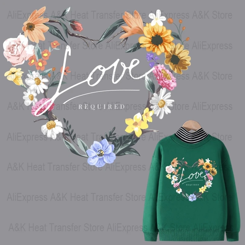 

Heart Wreath iron-on Transfer For Clothing Flowers Thermo Adhesive Patches for Girls t-shirt Stickers Badges Thermal Applique