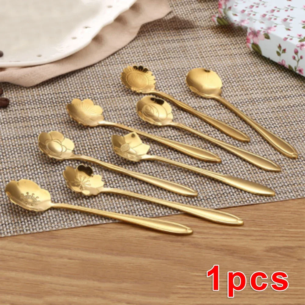 Exquisite Stainless Steel Flower Shape Coffee Sugar Spoon Dessert Gold Teaspoon High Quality Random Style 125*28cm