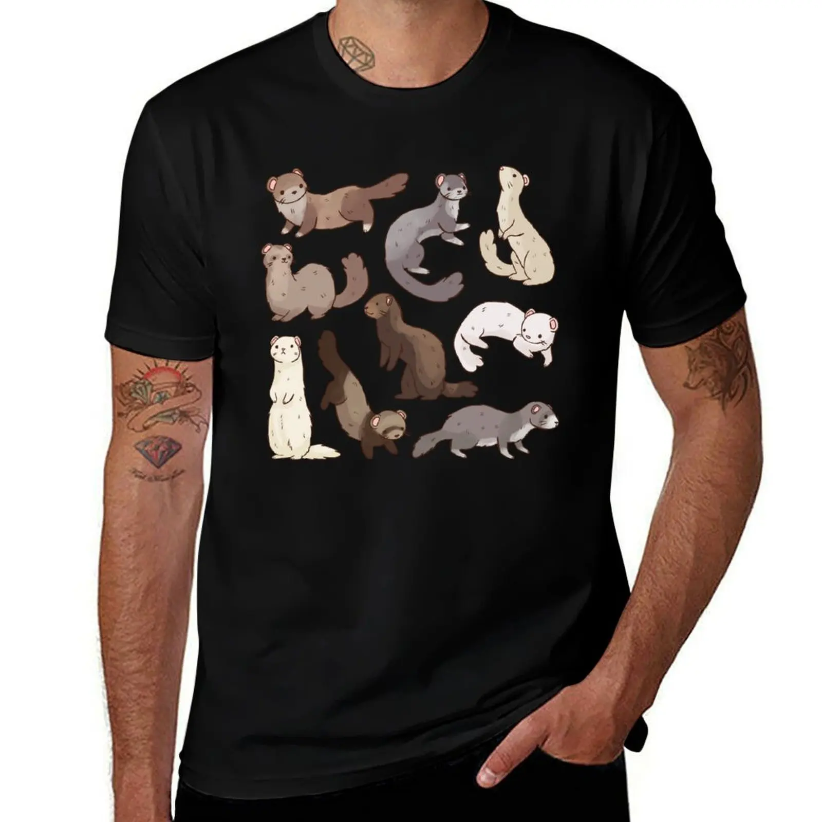 Cute cartoon Ferrets illustration pattern T-Shirt Big Size Short Sleeve Casual Top