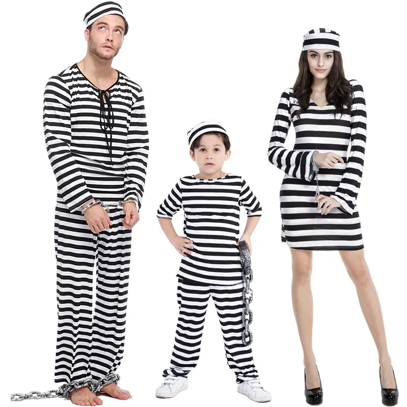 Prisoner Cosplay Costumes Man Women Prison Criminal Suits Jail Adult Black And White Striped Couple Clothes With Hats Halloween