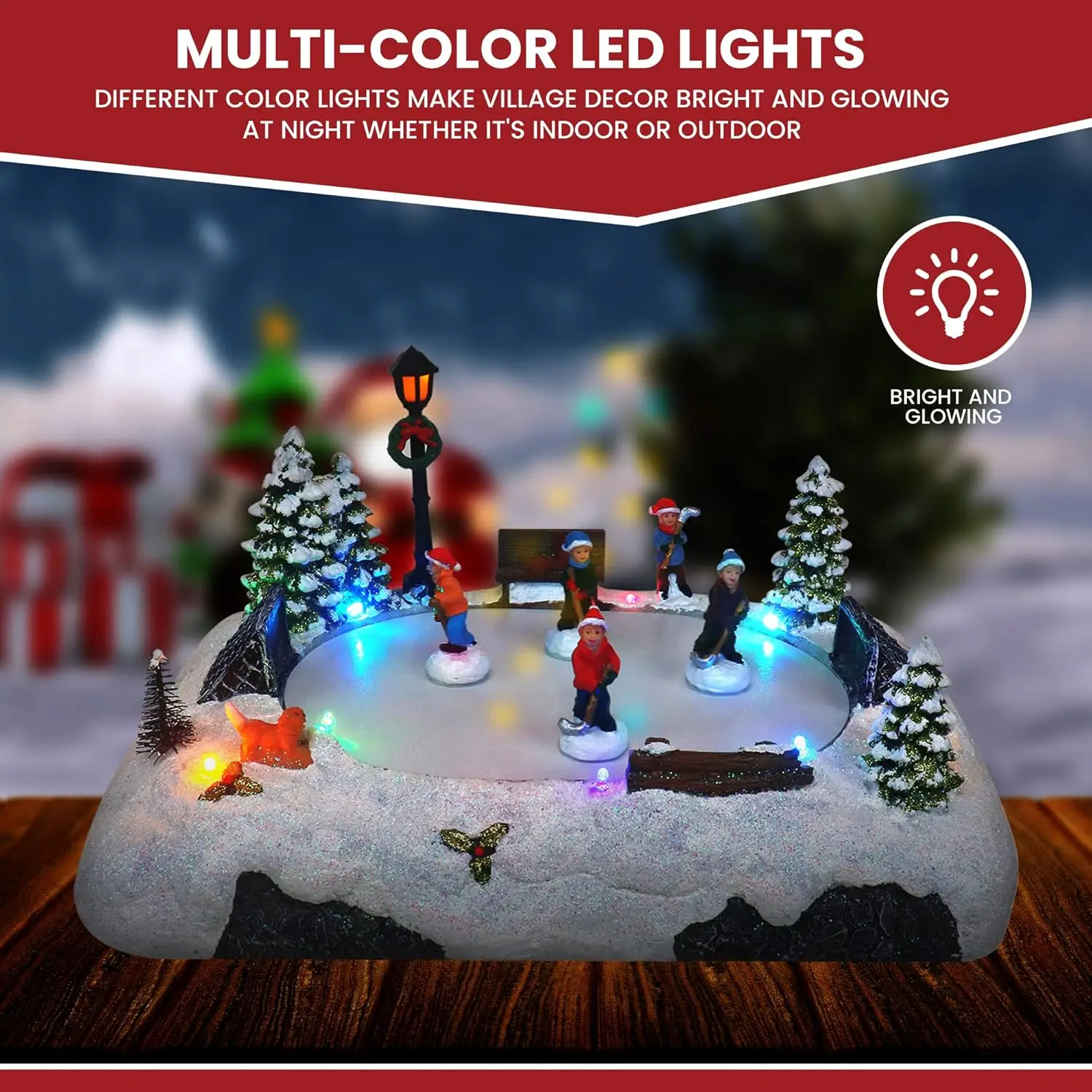 Pizarra de patinaje de Hockey de mesa de pueblo navideño musical animado con nieve preiluminada, centro de mesa perfecto para decoración del hogar en interiores