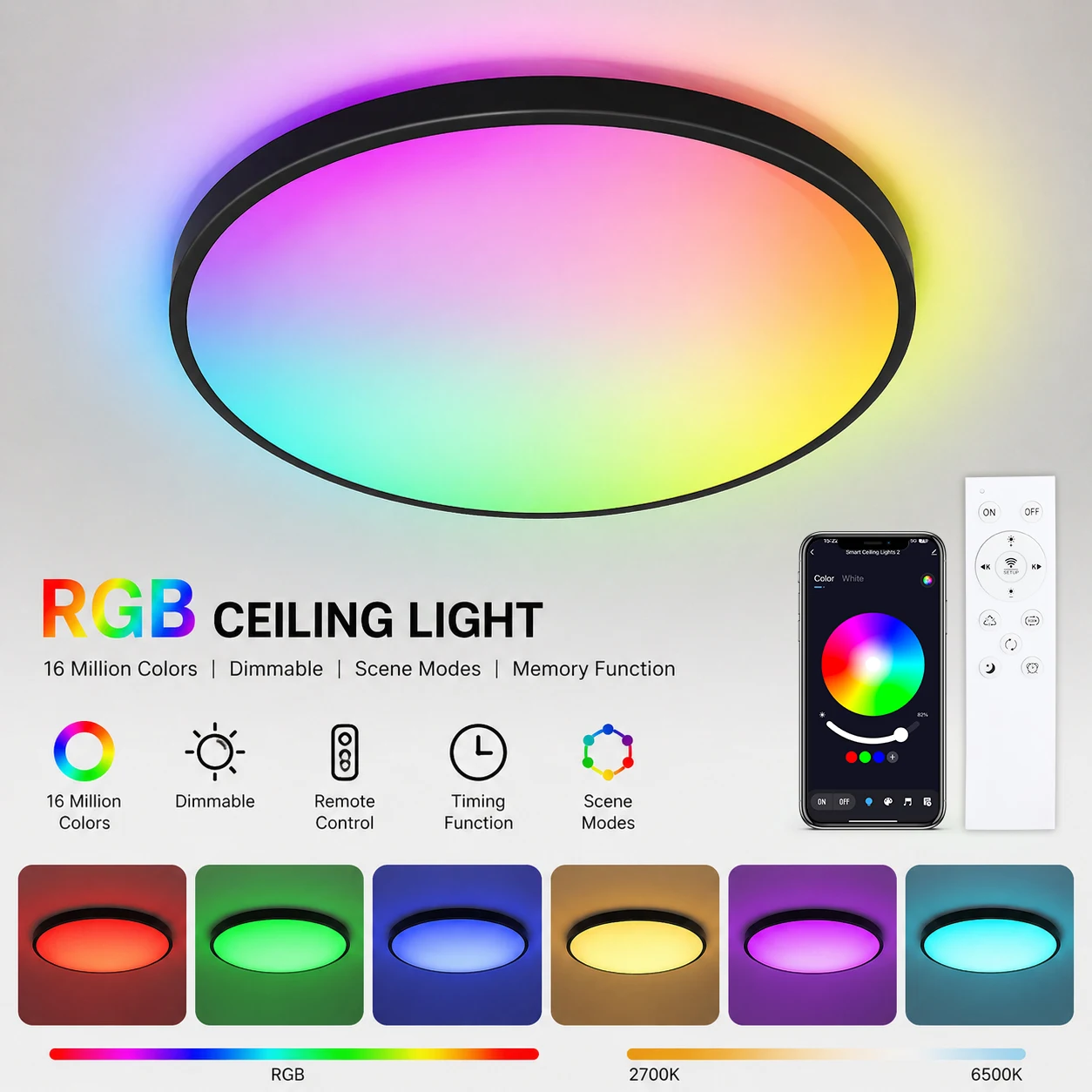 Obrázek 3: 2nz pack 24W LED strop lehký 30cm černá, RGB 16M barvivo, app/remote ovládání, 2700–6500K stmívatelné strop lampa pro ložnice žití pokoj