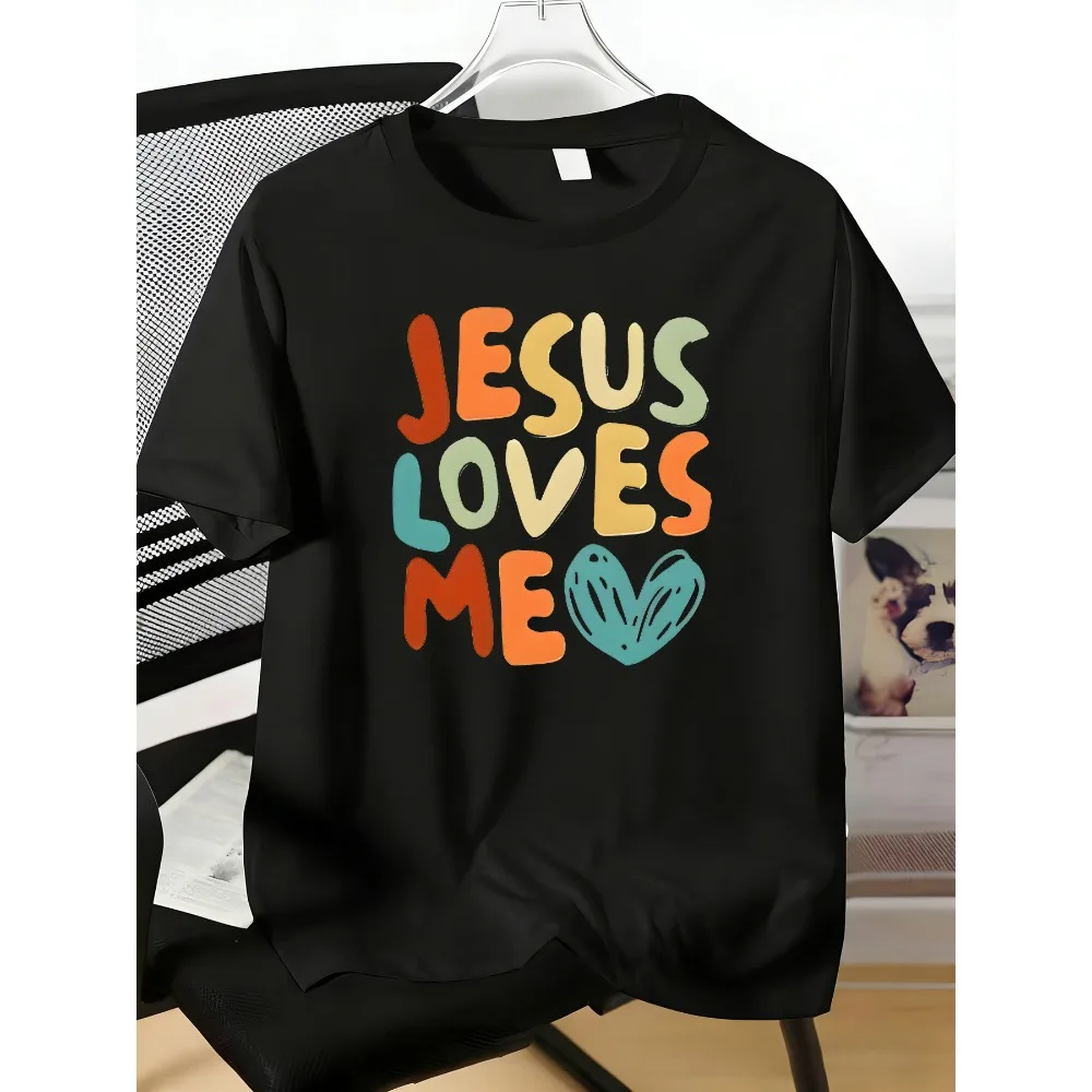 Fashion Mens Short Sleeve Crew Neck Tee Vintage Pastel Jesus Loves Me Font Teal Heart Soft Cotton Believer Worship Daily Shirts