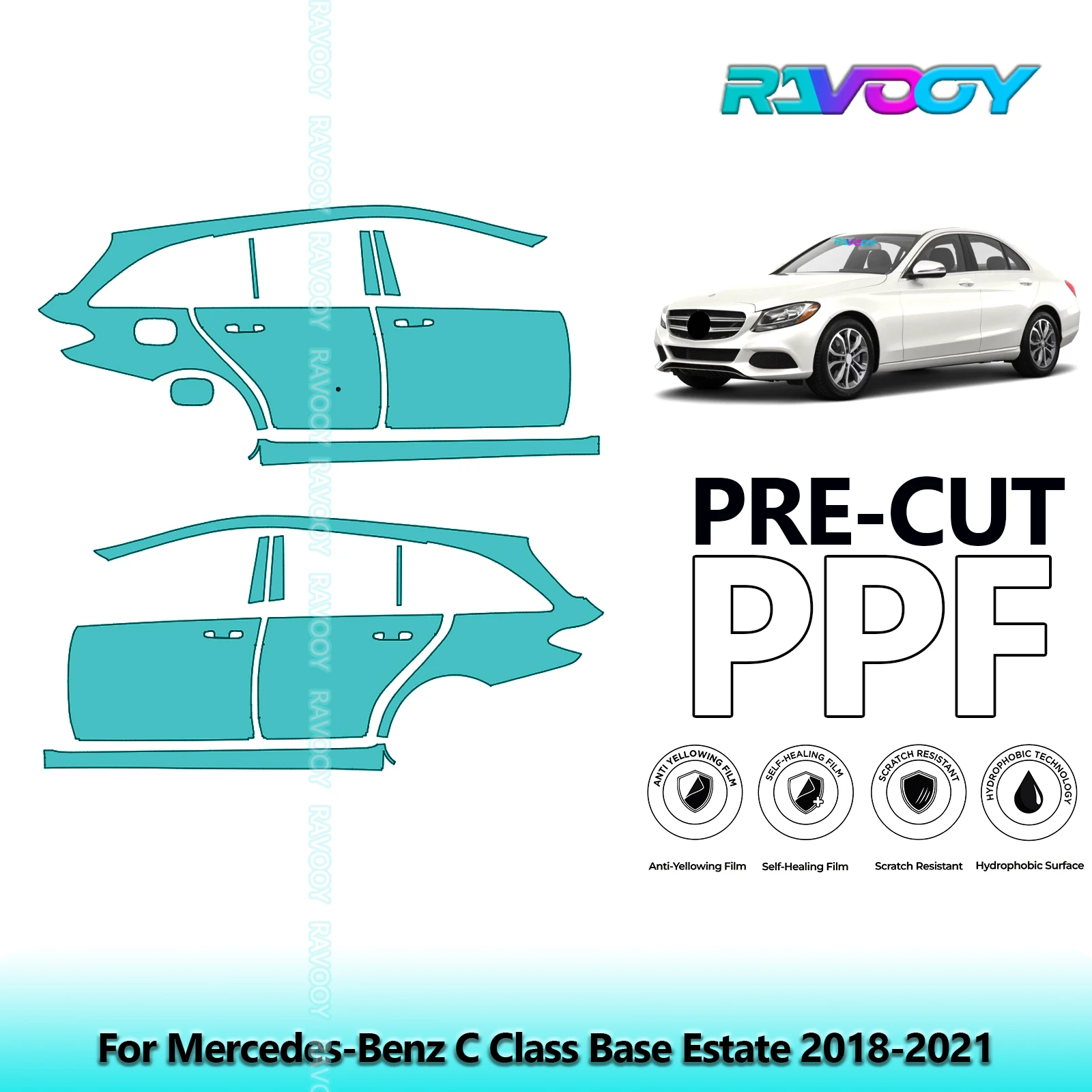 

For Mercedes-Benz C Class Base Estate 2018-2021 8.5mil Pre-Cut PPF Door & A/B Pillar Kit TPU Paint Protection Film Set