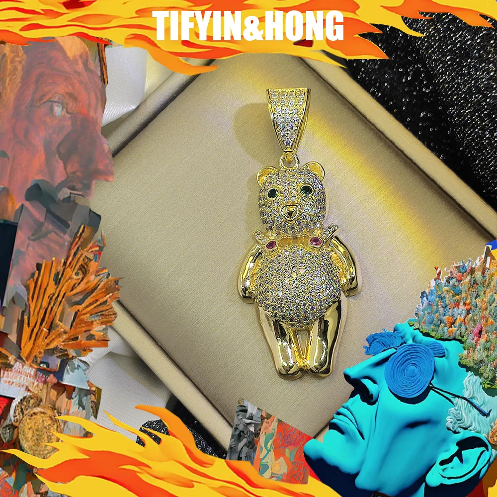 Hip hop standing teddy bear pendant paired with 18K gold-plated necklace, luxurious customization, suitable for street rap, gift