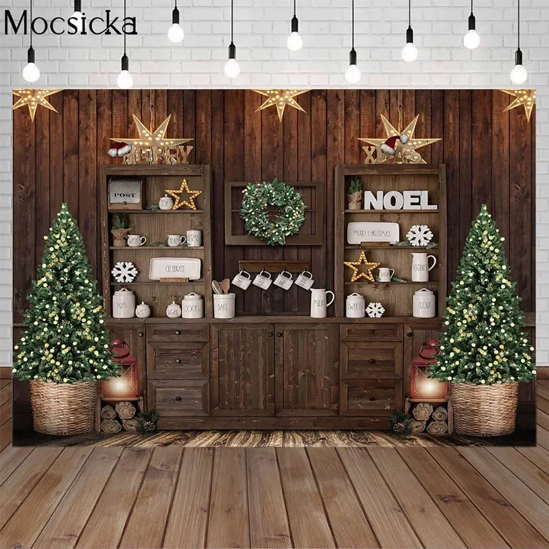 Christmas Kitchen Photography Background Wood Cabinet Kitchenware Props Child Portrait Cook Backdrop Photocall Photo Studio