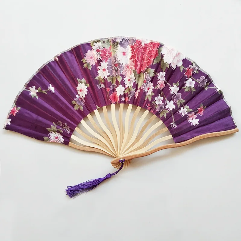 Abanico de mano plegable para decoración del hogar, abanico de bambú de seda, estilo chino japonés, regalo artesanal, fiesta de boda, baile, flores