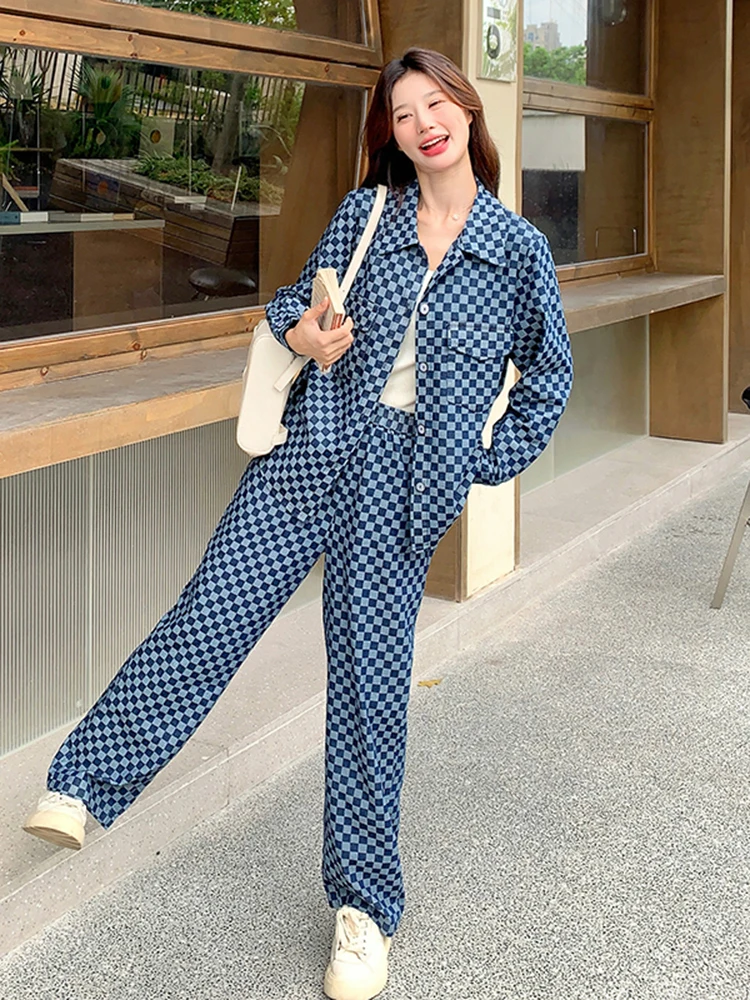 LANMREM Plaid Casual Two-piece Set For Women Lapel Single Breasted Shirt With Wide Leg Pants Autumn Female 2024 New 2Z2763