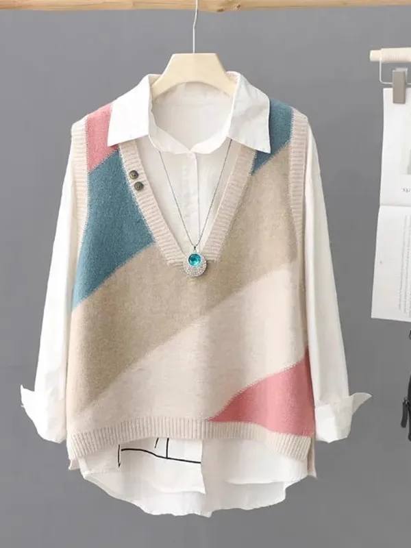 Women's Knitted Vest Top V-Neck Sleeveless Vest Spring Autumn New Style Color Block Outerwear Hoodie Shoulder Pad Shirt
