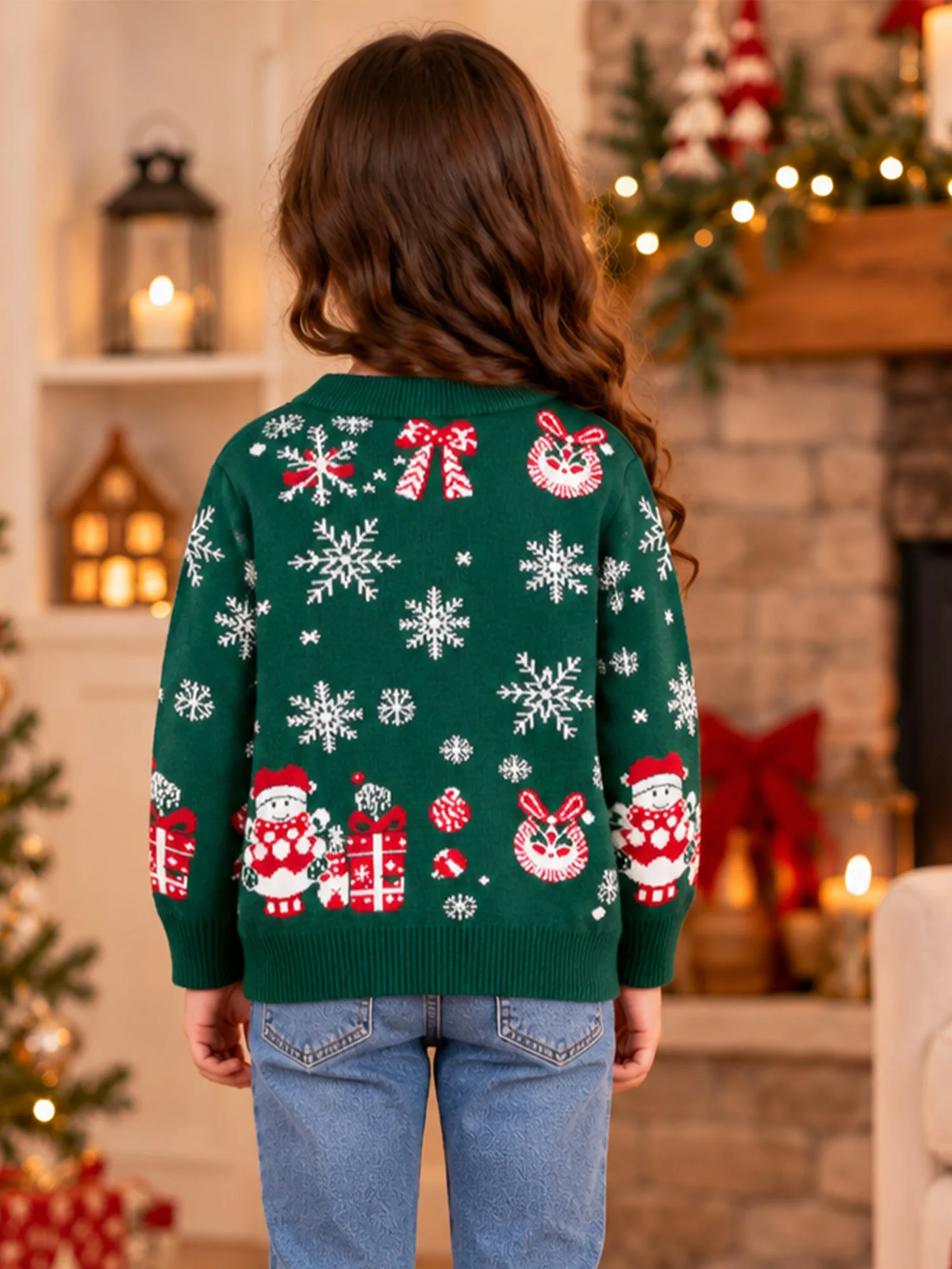 Kids Girls Christmas Cartoon Santa Printed Knitted Cardigan Long Sleeve Sweater Coat for Festival Daily Life Family Gathering