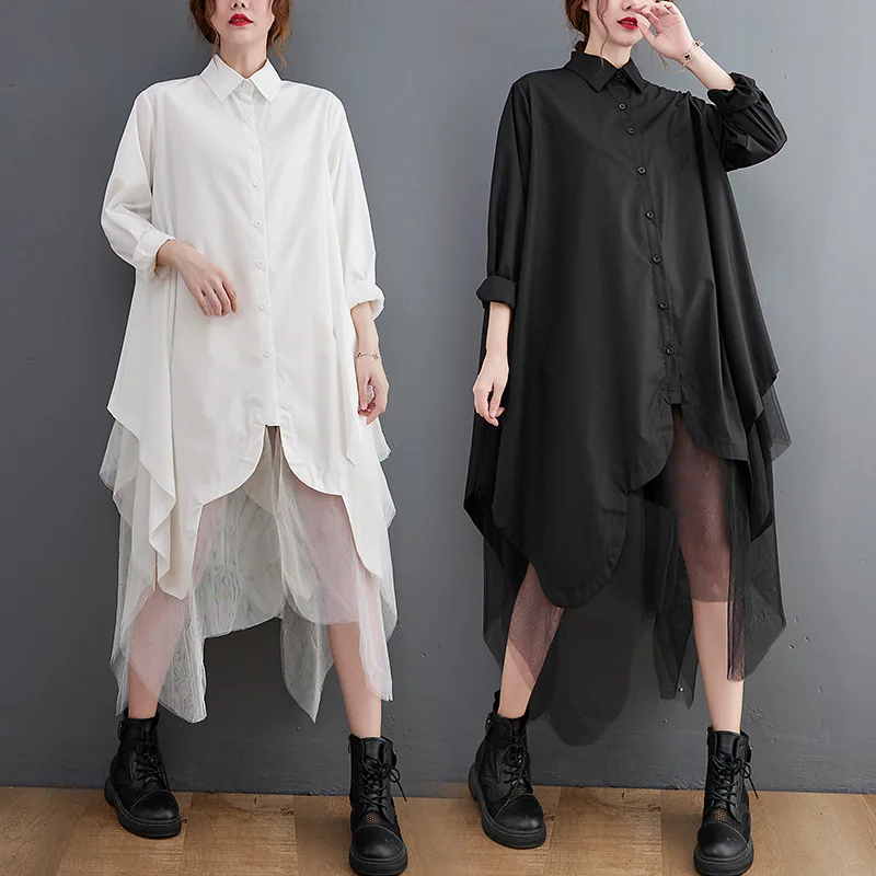 

Women Shirt Dresses Solid Dress Asymmetric Spliced Mesh Long Sleeves Turn Down Collar Loose Fit Office Lady Casual 2025 Spring