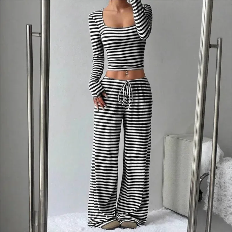 

Soft Striped Pajamas Set Long Sleeve Top and Trousers Sleepwear 2 Piece Set for Women Autumn Casual Homewear