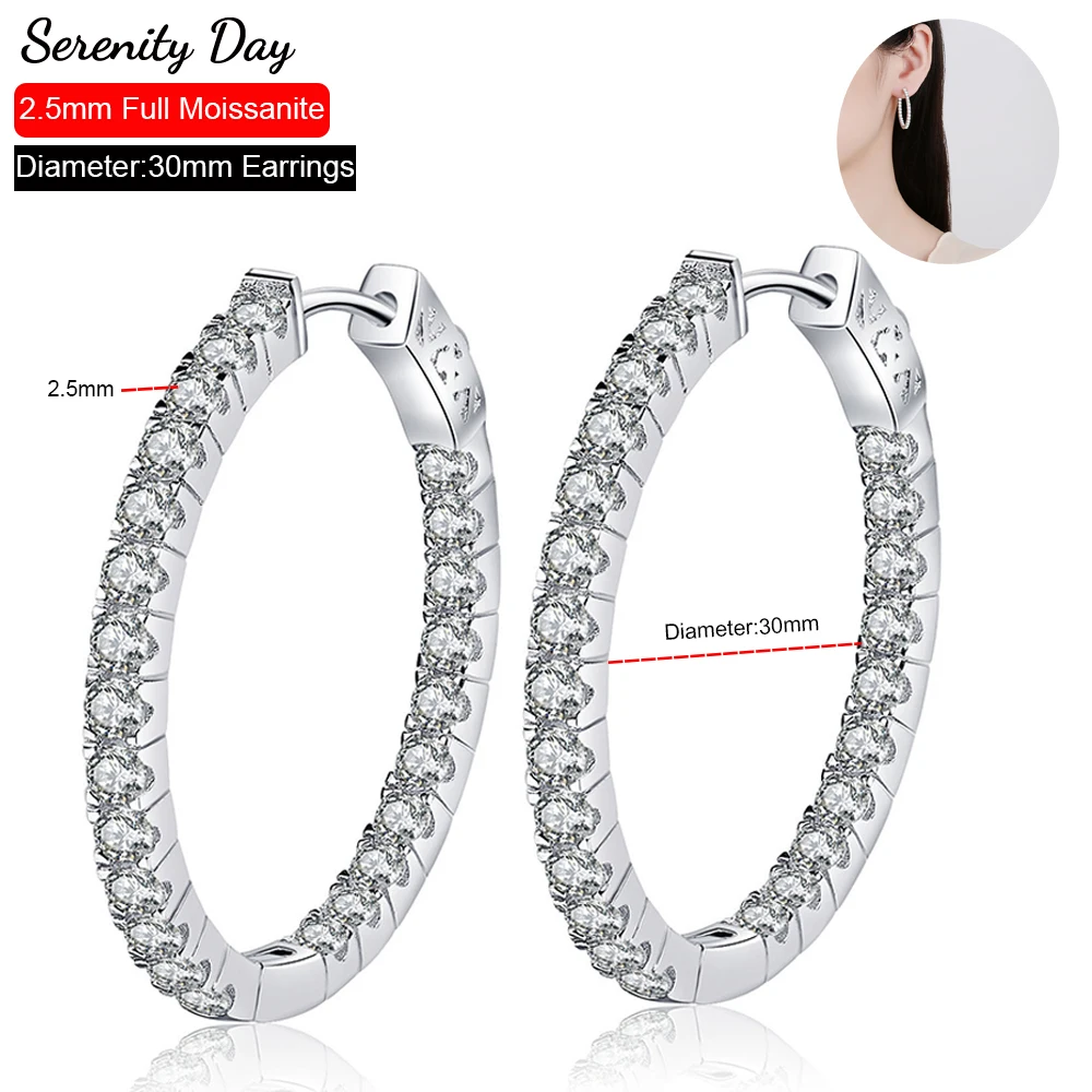 Serenity Day 2.88cttw Real D Color 2.5mm Full Moissanite Hoop Earrings For Women S925 Sterling Silver Plate Pt950 Fine Jewelry