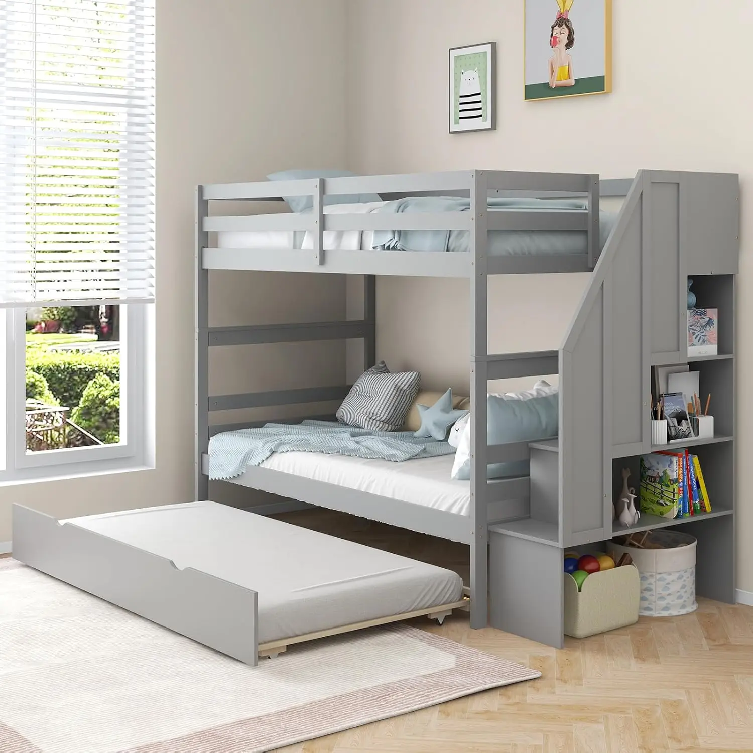 

Kotek Twin Over Twin Bunk Bed With Trundle And Stairs, Solid Wood Bunk Bed Frame With Storage Shelf, Bunk Beds Detachable Into