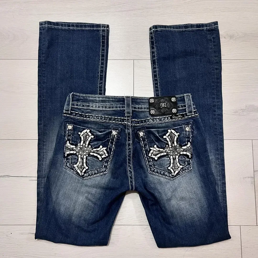 Nowy dżinsy Vintage kieszonkowy damski haftowane dżinsy Hip Hop Retro Harajuku niebieski Jeans z wysokim stanem szerokie spodnie z prostymi nogawkami