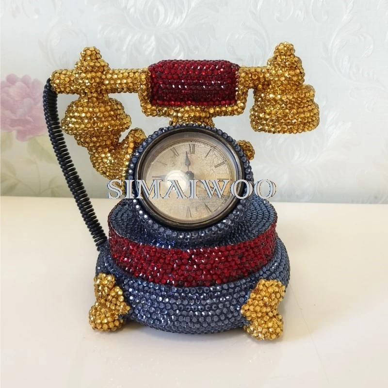 Statue de téléphone rétro en biscuits, horloge de broderie mosaïque, stockage de pièces de monnaie fait à la main bricolage, cadeau décoratif Bling-bling, cadeau en cristal