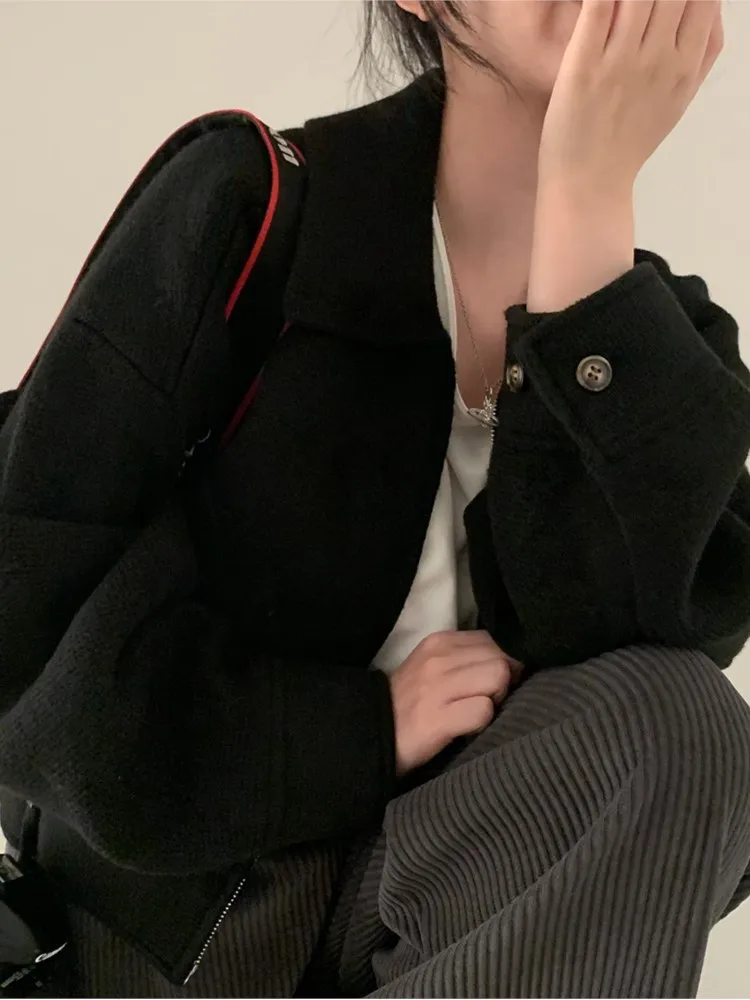 Korean Chic Autumn/Winter Retro Coat Women Simple Flared Zipper Long Sleeve Short Laides Jacket