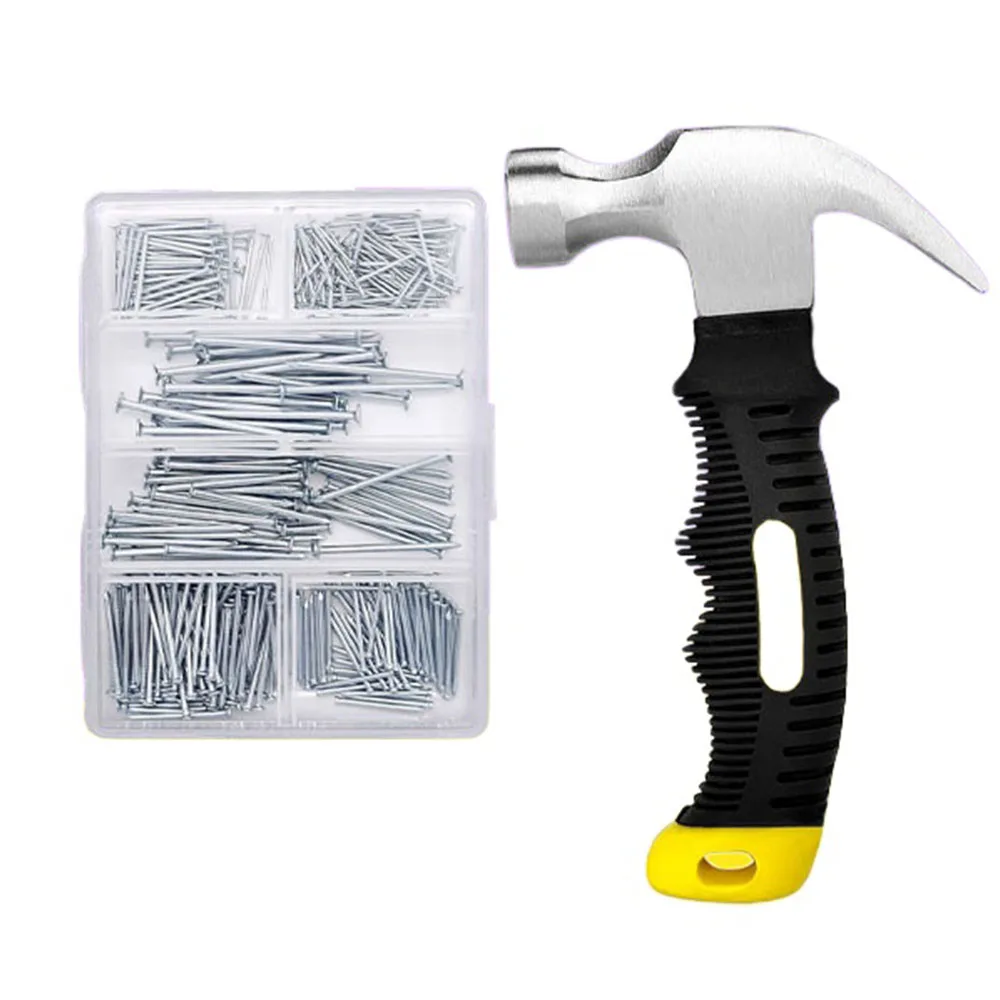 

376pcs Hardware Nails Drywall Round Woodworking Household Iron Nails Cement Wall Art Decor Wood Floor Nails Set with Hammer