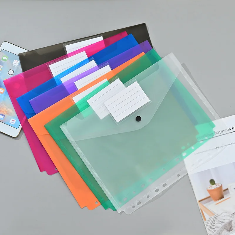 

New 11 Hole A4 6 Pack Plastic Envelope Document Folders with Label Pocket and Snap Button for Home Work Office Organization