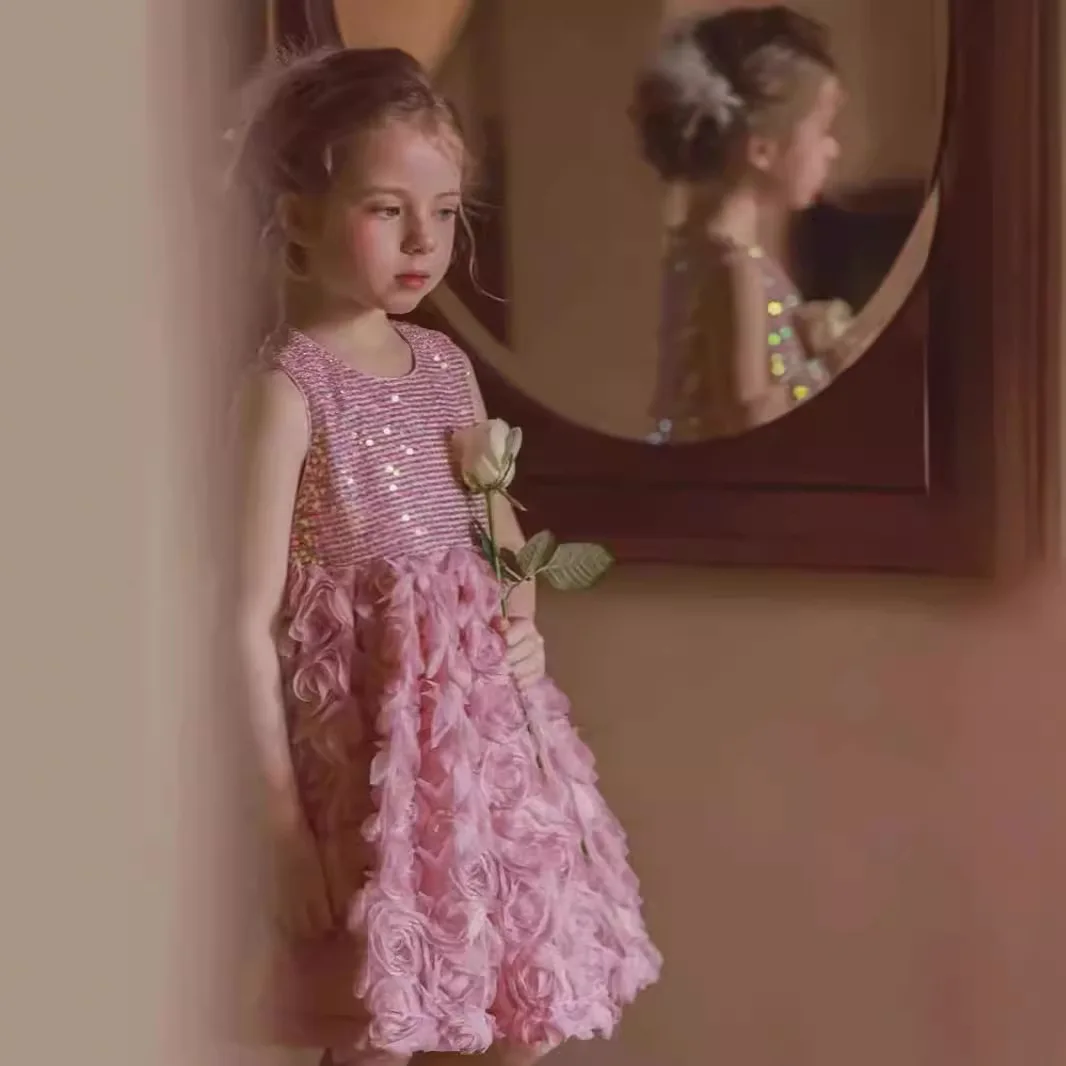 Flower Girl Dress First Communion Dress 3D Rose Sequin Tulle Long Gown A-Line Sleeveless Kids Wedding Party Birthday Dress
