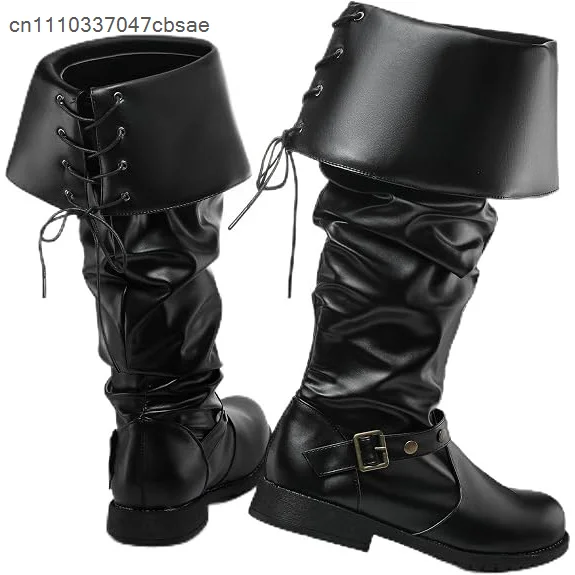 Medieval Warrior Pirate Over Knee Boots Faux Leather Fold Cuff Lace Up Boot Renaissance Stage Performance Halloween Cosplay Shoe 3