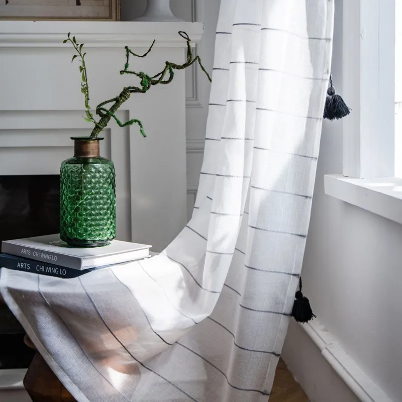 Modern Minimalist Striped Window Screen With Black Tassels Decoration Translucent Curtains Living Room Bedroom Blackout Valance
