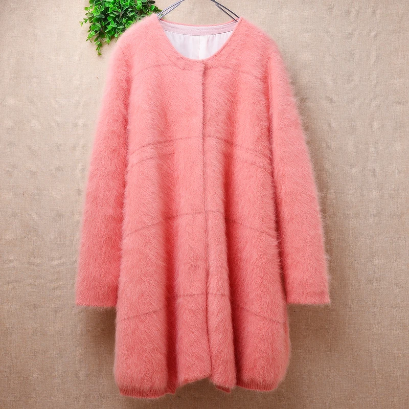 

Women Mujer Autumn Winter Thick Warm Pink Hairy Mink Cashmere Knitted Long Sleeves Slim Cardigans Angora Fur Sweater Coat Pull