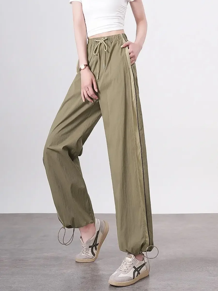 LOUIS YAO Women Wide Leg Pants Drawstring Elastic Waist 2024 Summer Loose Straight Casual Sweat Pants Khaki Black Trousers