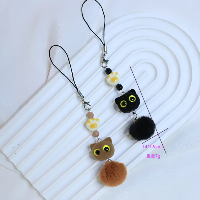 Creative Flocked Cat Pom Pom Phone Lanyard for Women Cute Plush Key Chain Charm for Couples Friend Gift Accessory