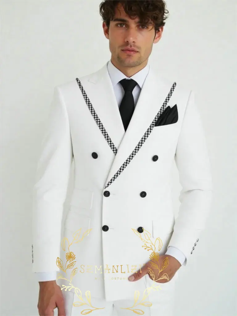 

Elegant White Suit Set Double Breasted Peak Lapel Formal Man Suit Two Piece Business Casual Evening Party Groom Wedding Set