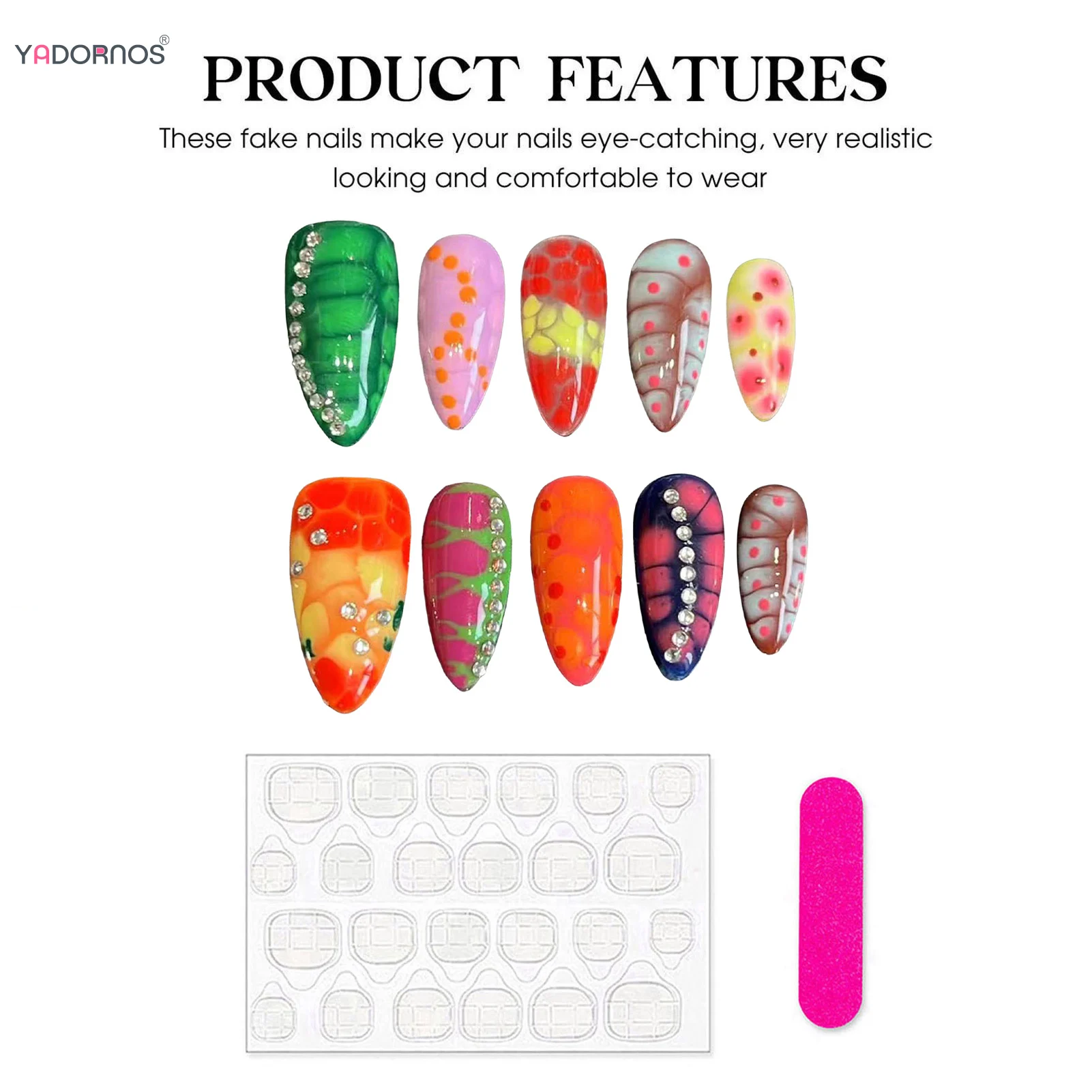 بقع أظافر مزيفة مصنوعة يدويًا مع ديكورات ماسية فلاش ، تباين الألوان ، طباعة ثعبان ، اللوز ، اضغط على الأظافر ، 10 * *