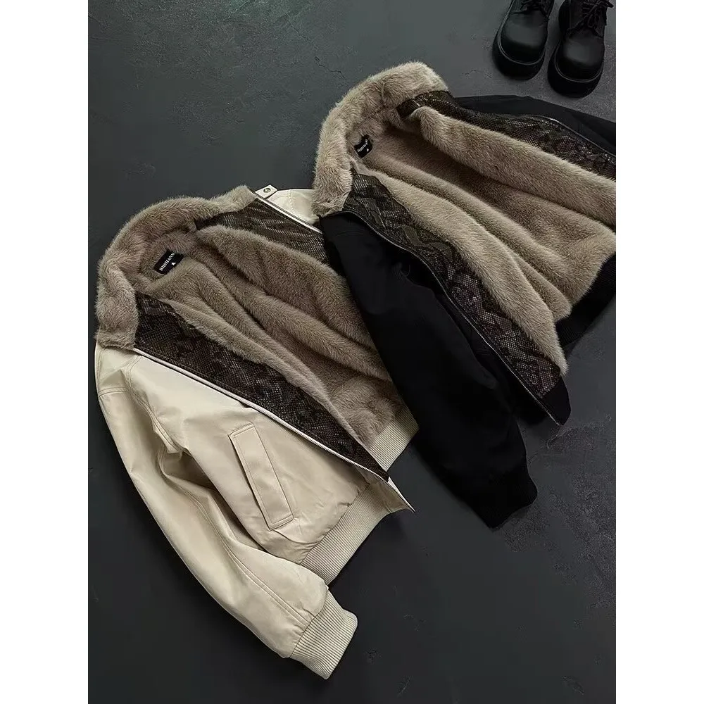 

Winter Thiened PU Leather Snake Skin Patterned Cotton Jaet ex Warm ort Coat Mountain Eagle Design Casual Outerwear