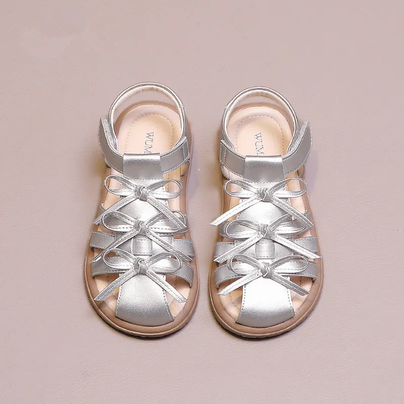Kids'Casual Shoes Sandals Solid Color Bow PU Leather Summer Flat Bottom Shoes For Girls Anti-slip White Silver Size 21-30