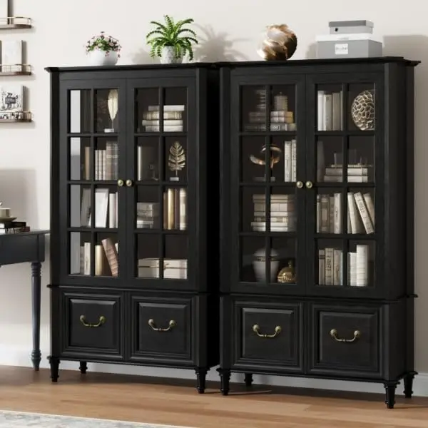 63 Inch Tall Display Storage Cabinet With Glass Doors Solid Wood Legs 2 Drawers Adjustable Shelves Vintage Curio Bookcase Freestanding Bookshelf For Living Room Office Dining Room Home Furniture Black - view 3