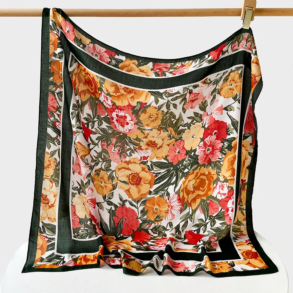 وشاح مربع بطبعة زهور 90 سم، وشاح رأس وشال متعدد الاتجاهات، خفيف الوزن ممتص للعرق وحماية من الأشعة فوق البنفسجية #3