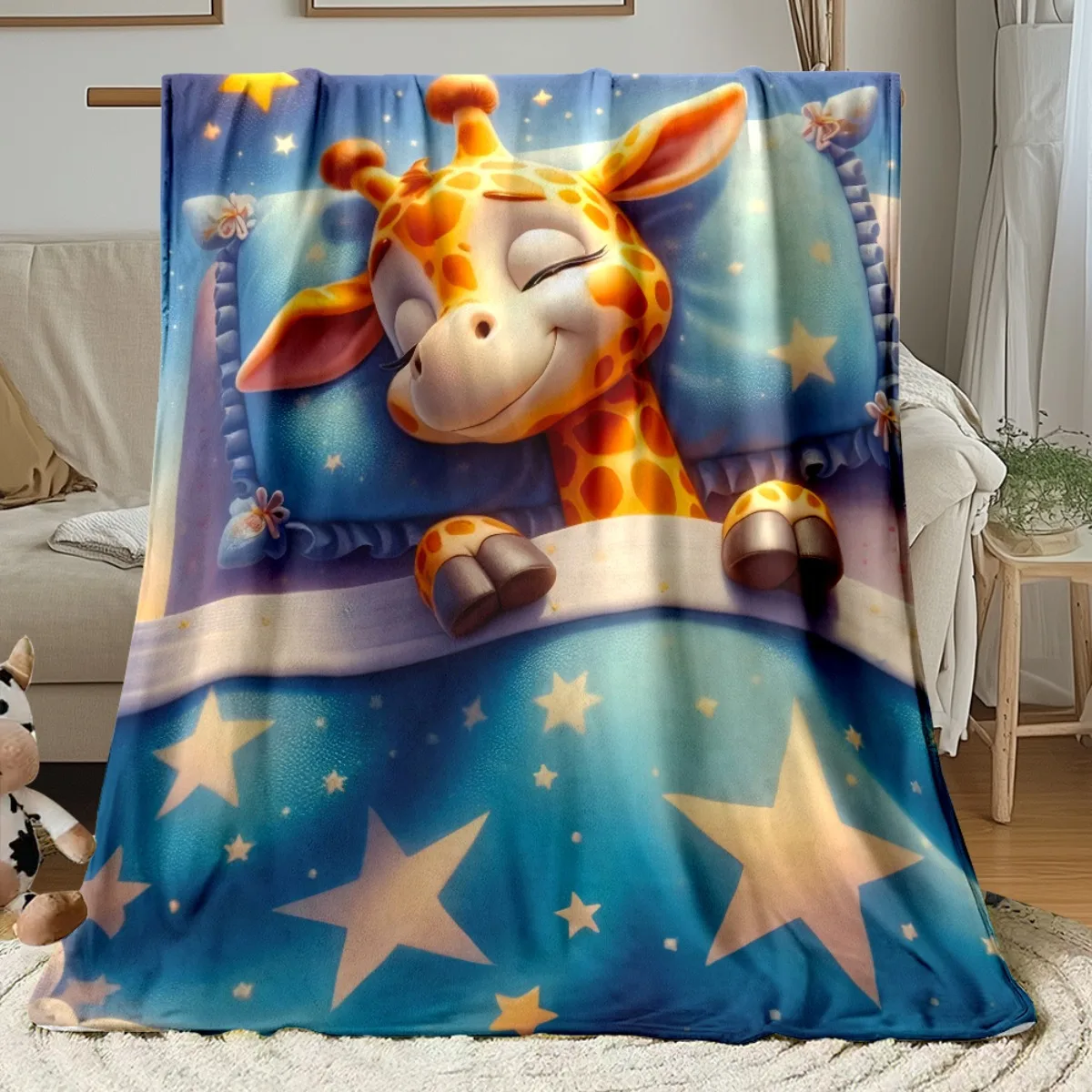 Cute Giraffe Face Throw Blanket Nursery Bedding Stars Blue Sky Baby Gift Plush Cozy Decor