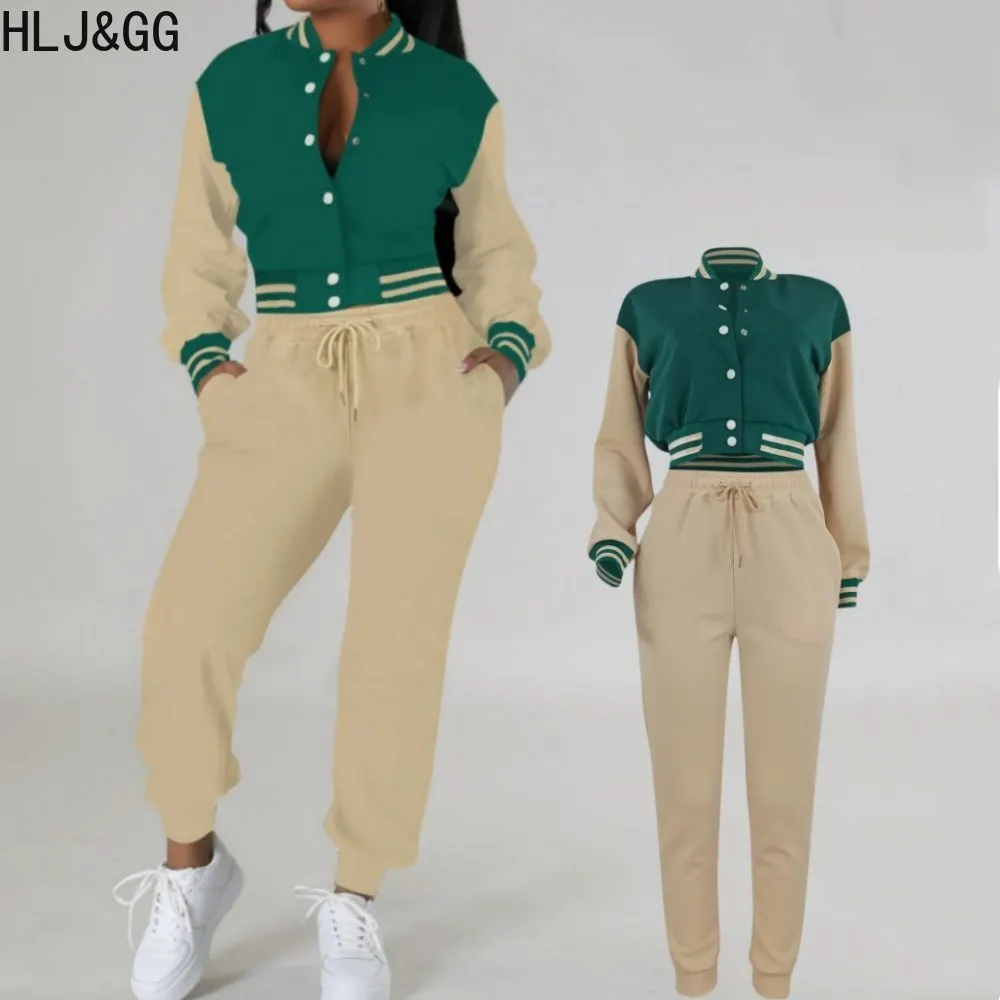 

HLJ Autumn Winter New Baseball Uniform Two Piece Sets Women Button Long Sleeve Crop Top And Skinny Pants Outfits Female Clothing